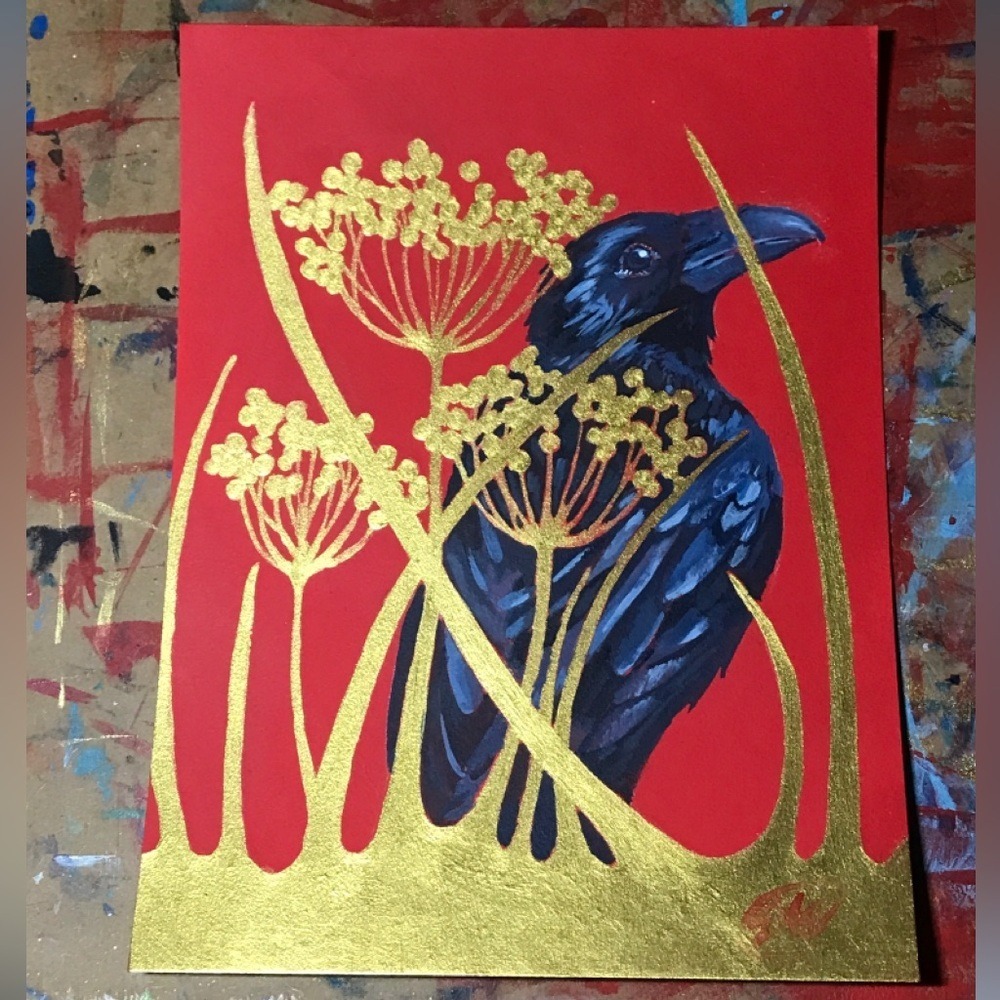 Original painting Raven Art vibrant red gold surrealism nature decor Artettina